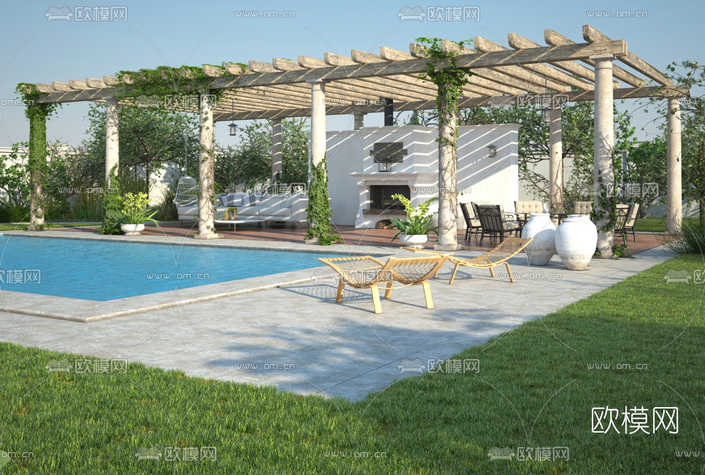 北欧庭院廊架泳池景观3d模型下载（渲染图2）