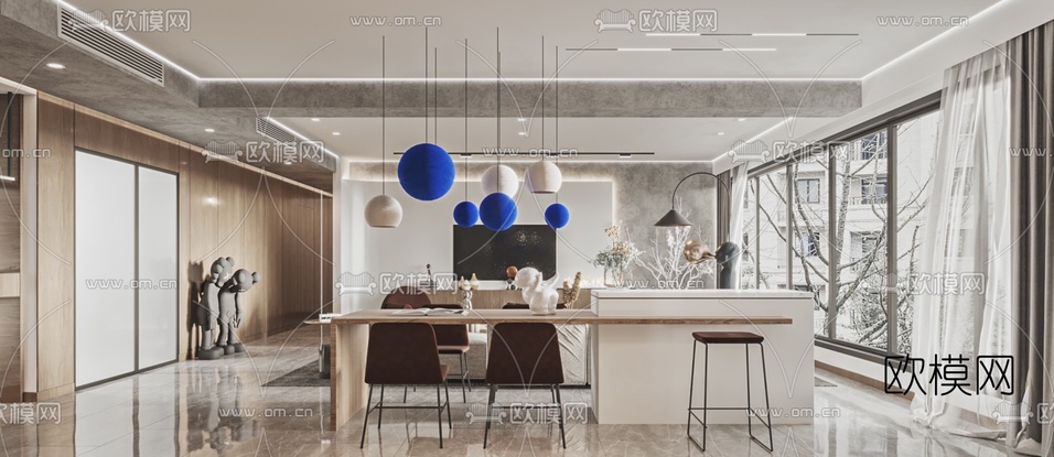 现代简约客厅餐厅3d模型下载(渲染图2)