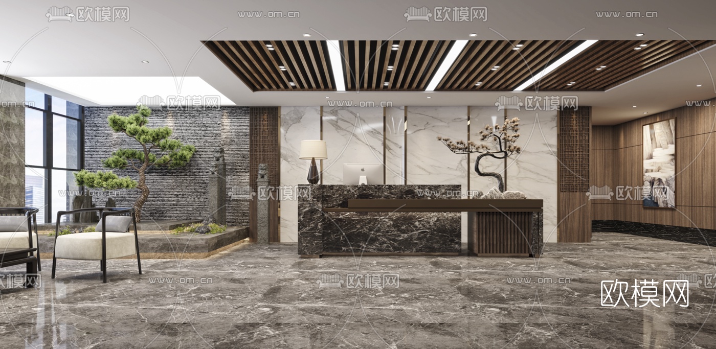 新中式前台接待台走廊3d模型下载（渲染图1）