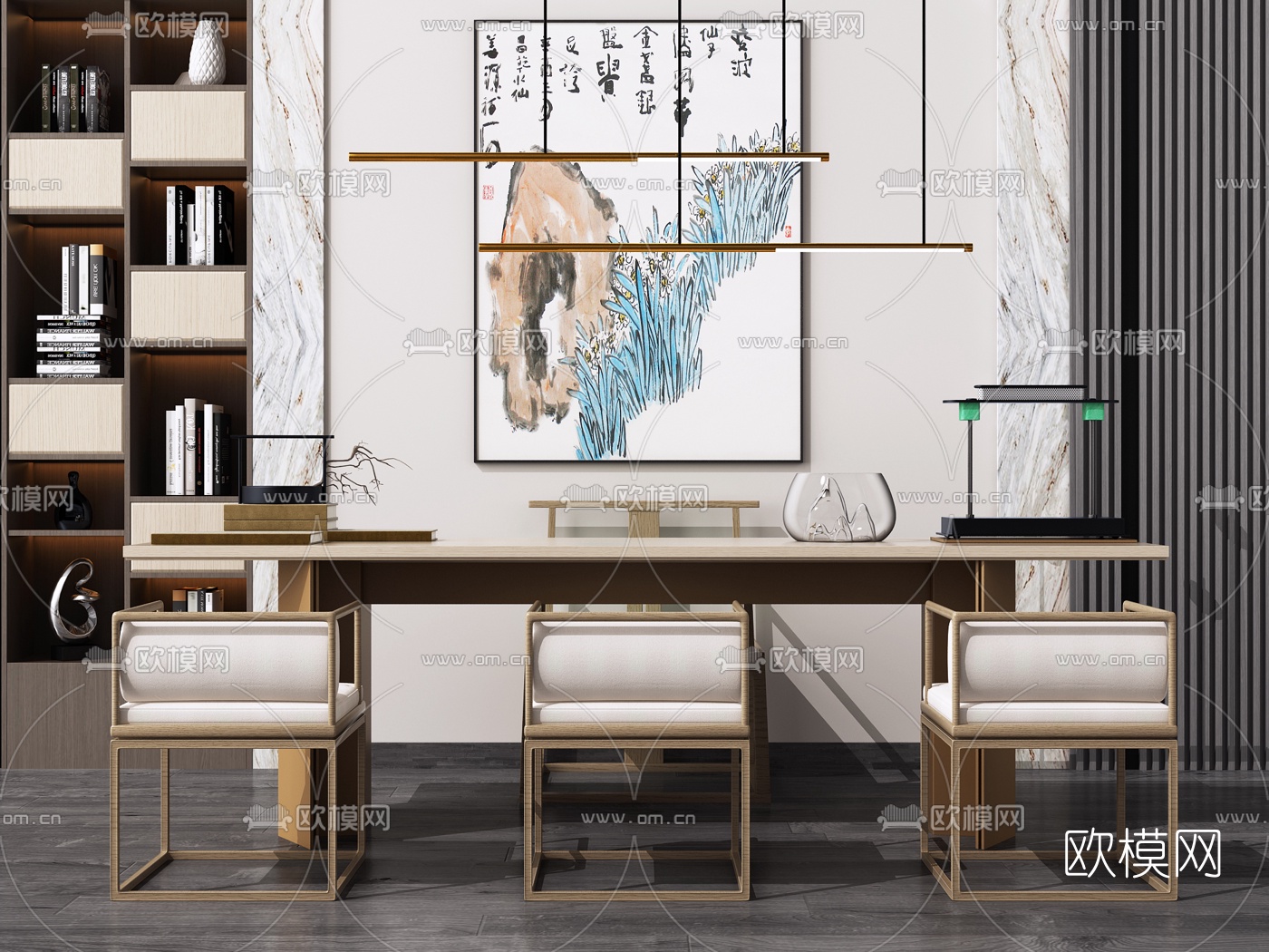 新中式实木书桌椅组合3d模型下载