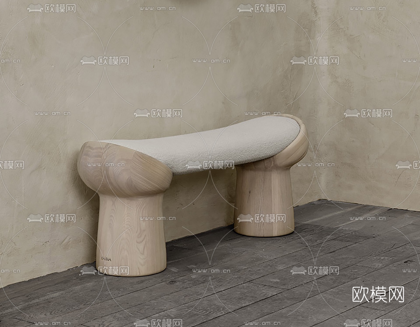 现代木质布艺长凳3d模型下载（渲染图2）