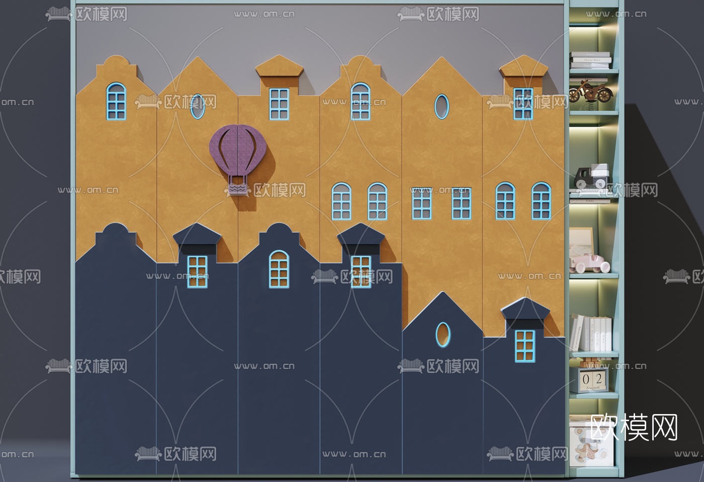 现代儿童衣柜书柜3d模型下载（渲染图2）