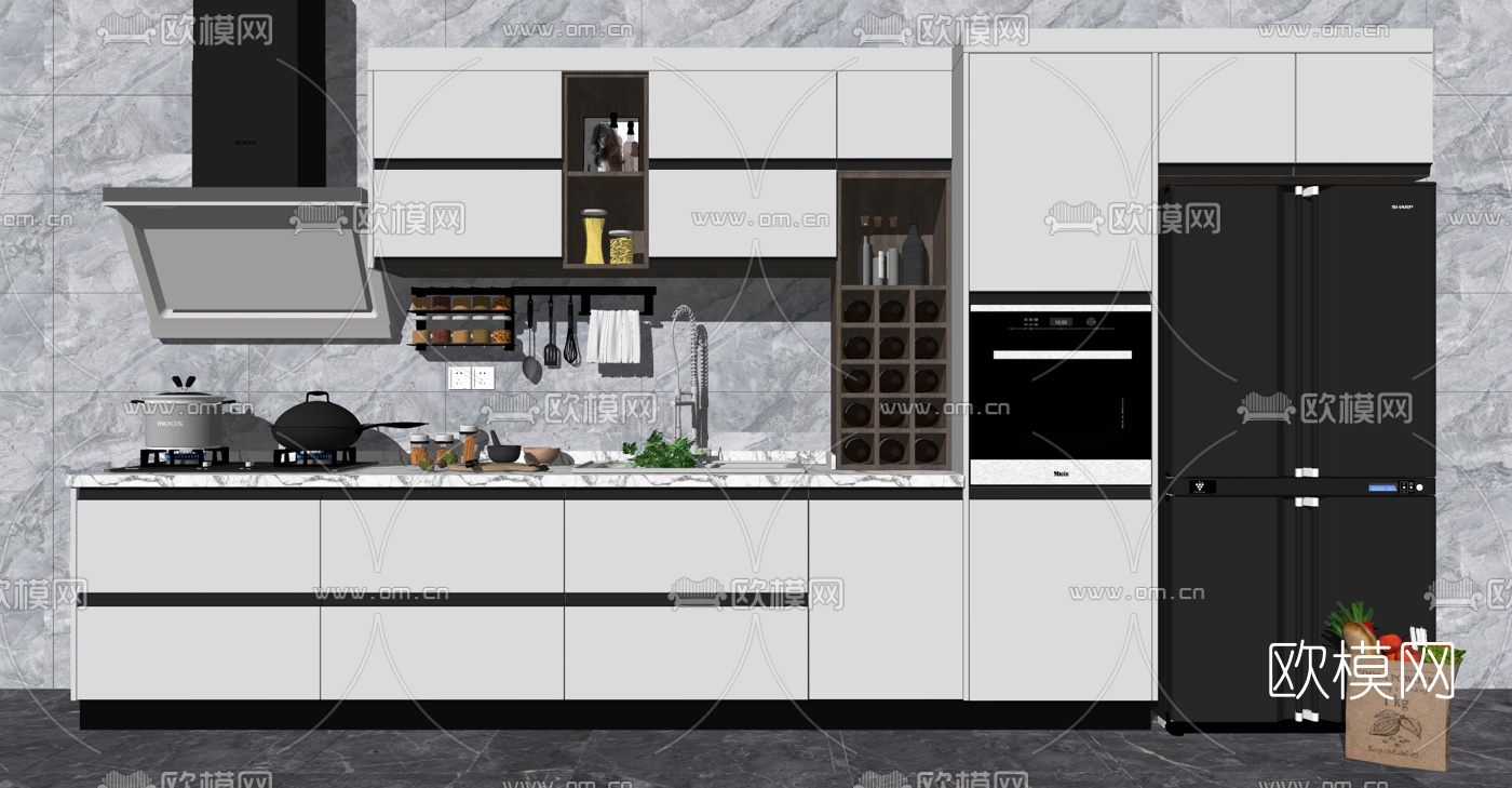 现代厨房橱柜灶台电器su模型下载