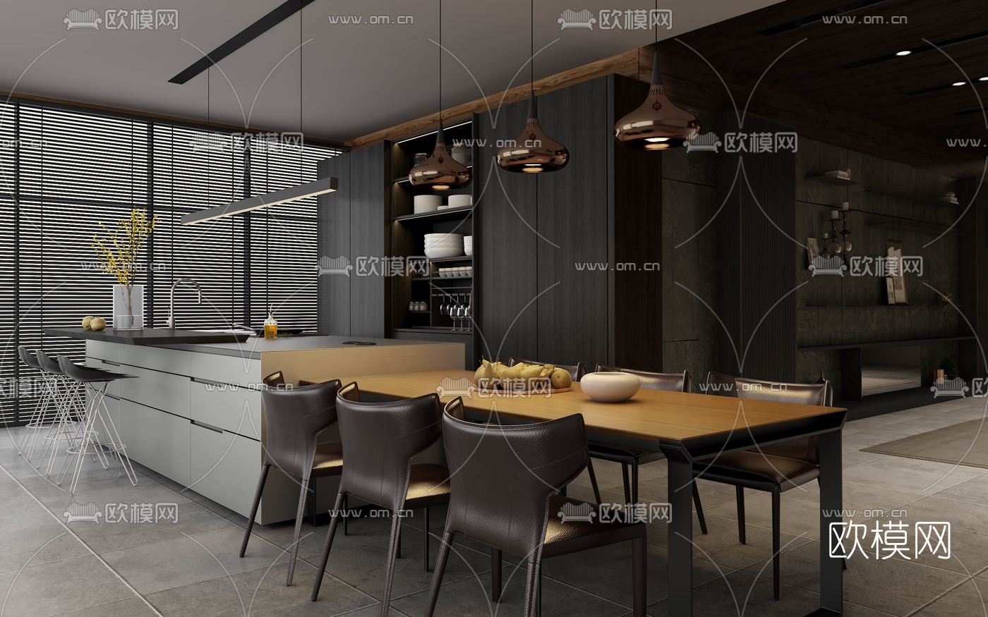 现代敞开式厨房餐厅3d模型