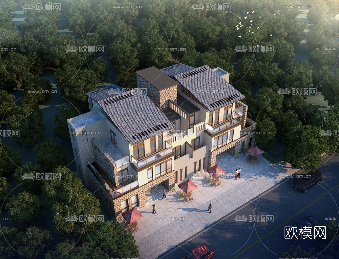 现代独栋别墅su模型下载（渲染图1）