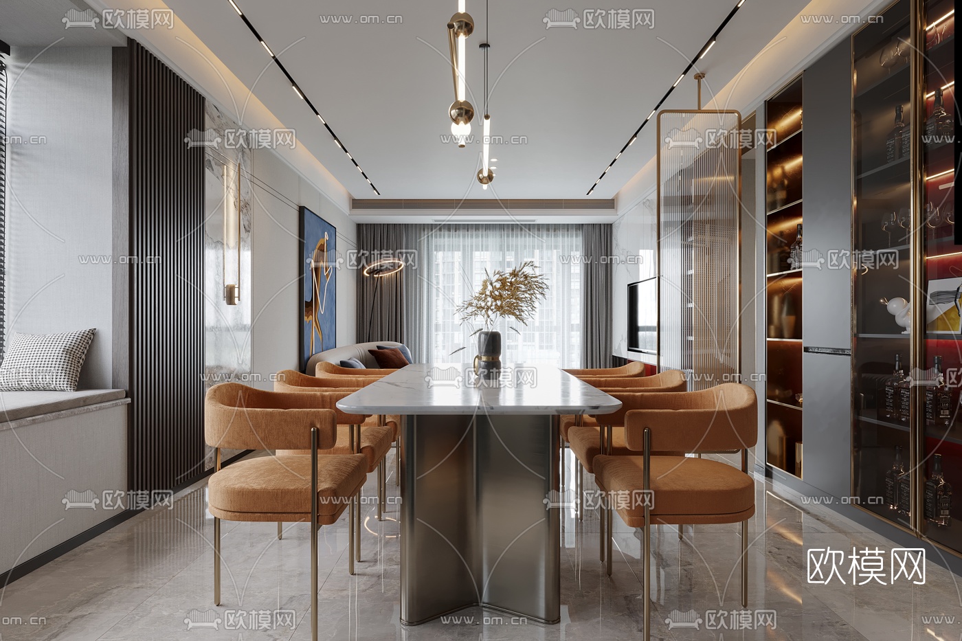 现代轻奢客厅餐厅3d模型