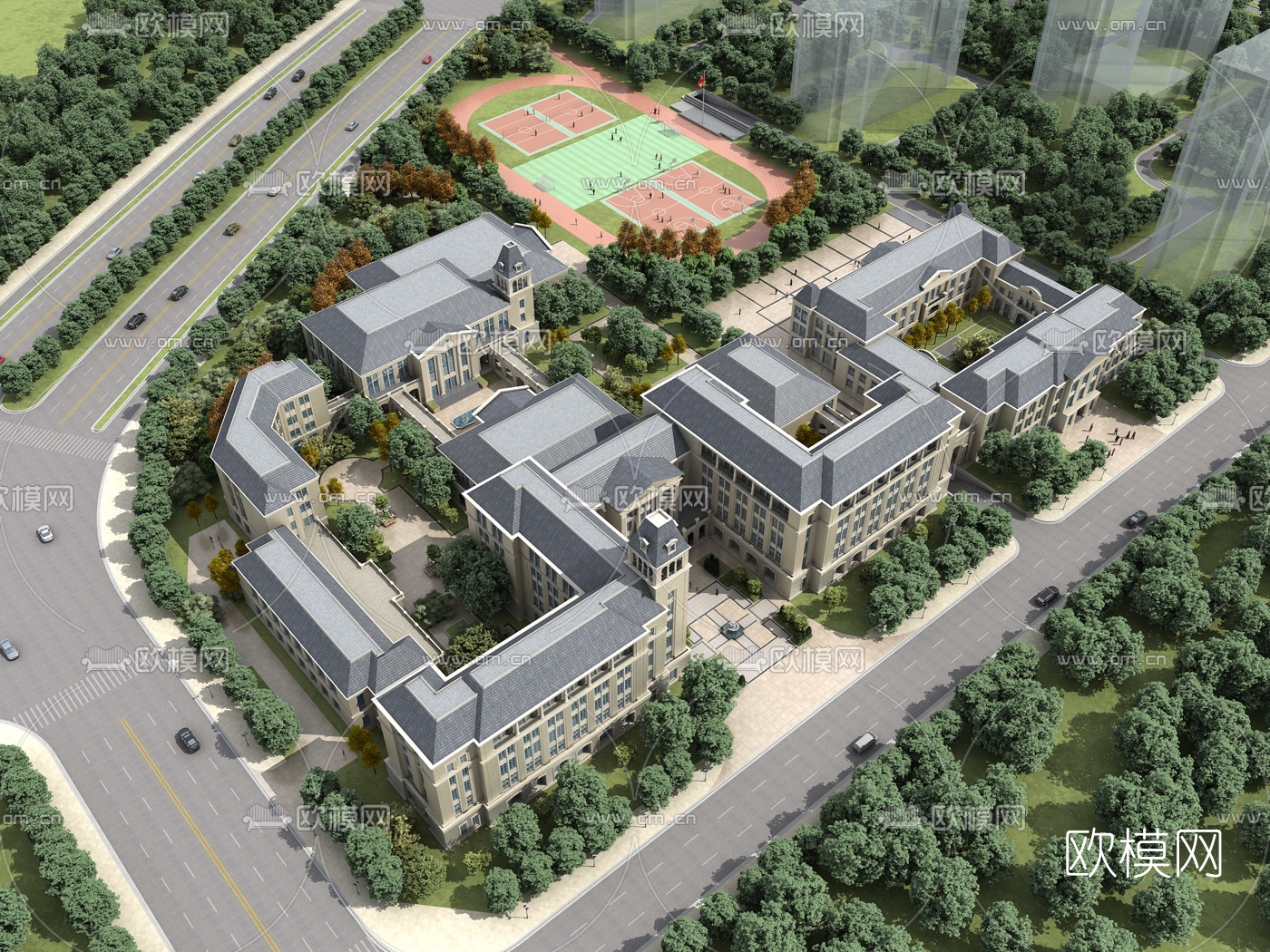 简欧学校鸟瞰3d模型