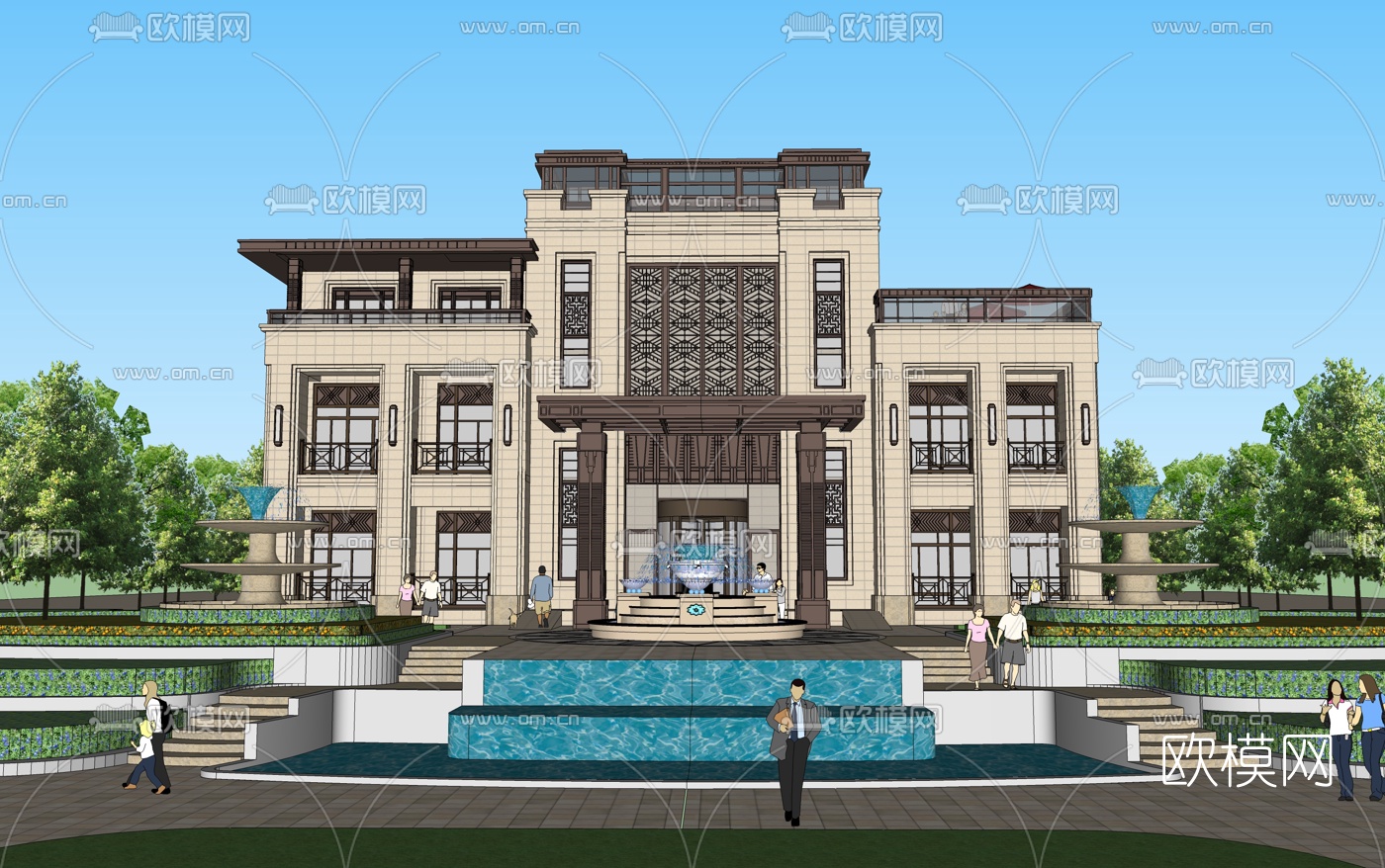新中式别墅外观su模型下载（渲染图1）
