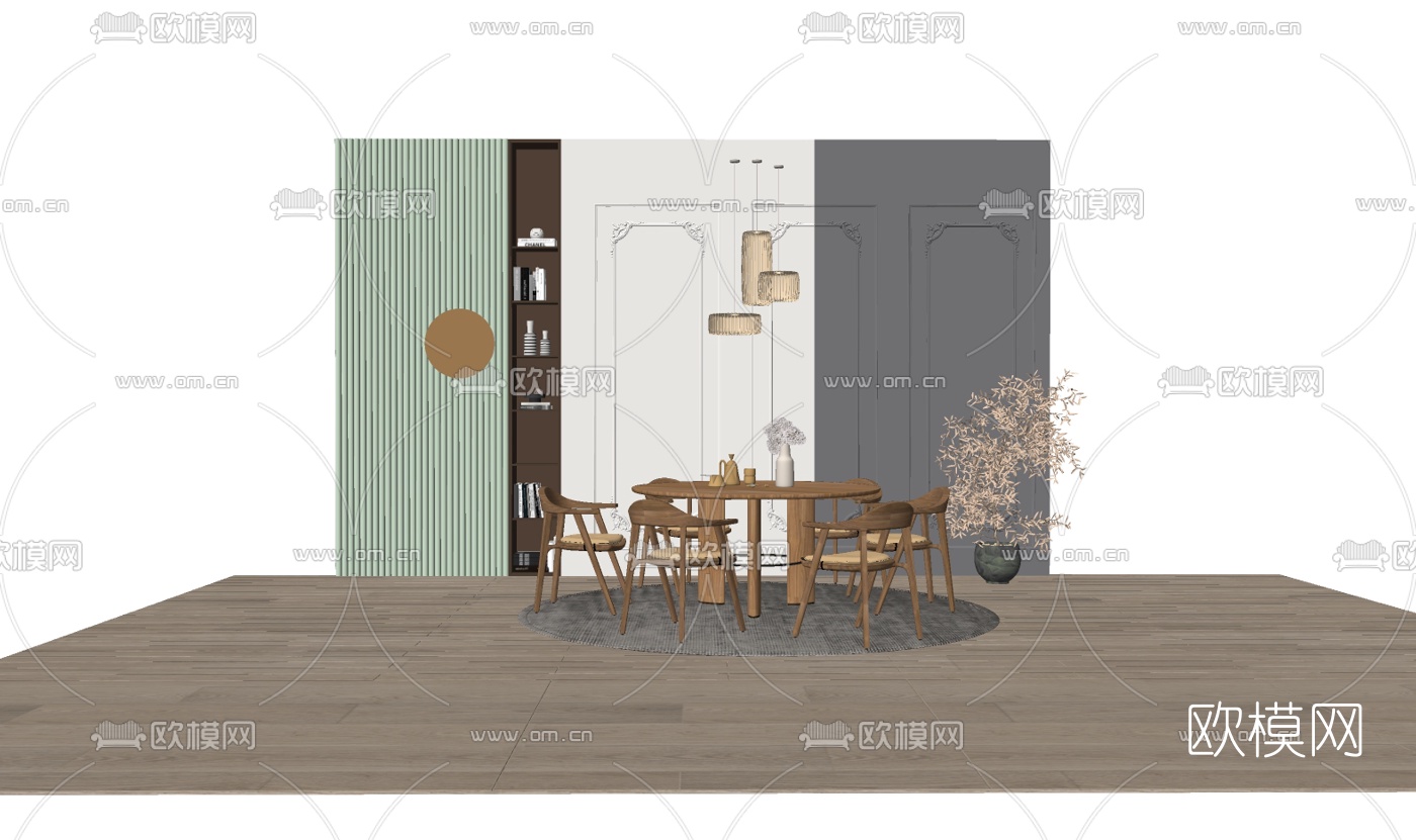 现代原木餐桌椅su模型