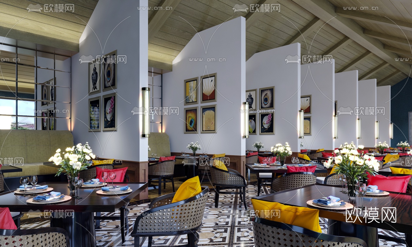 东南亚度假酒店餐厅3d模型下载（渲染图2）