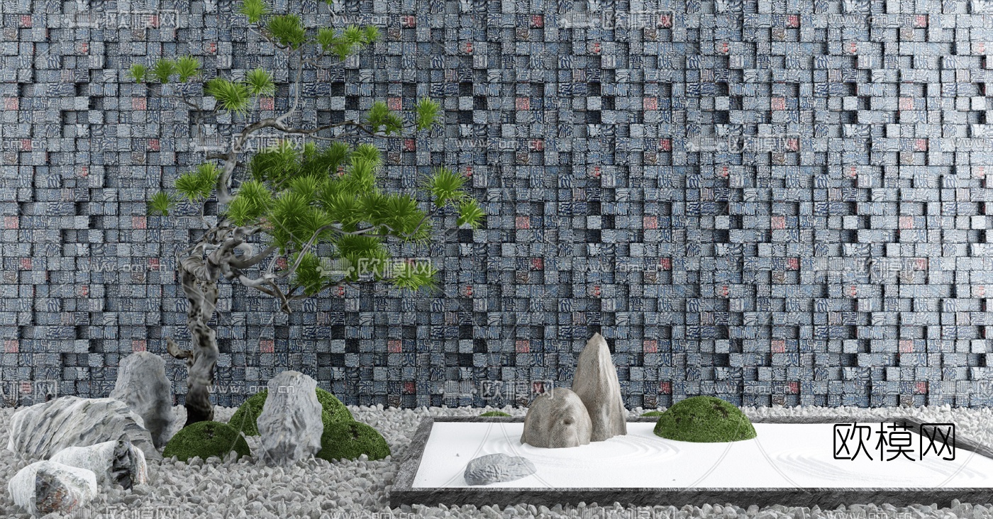 新中式汉字墙枯山水景观小品3d模型下载