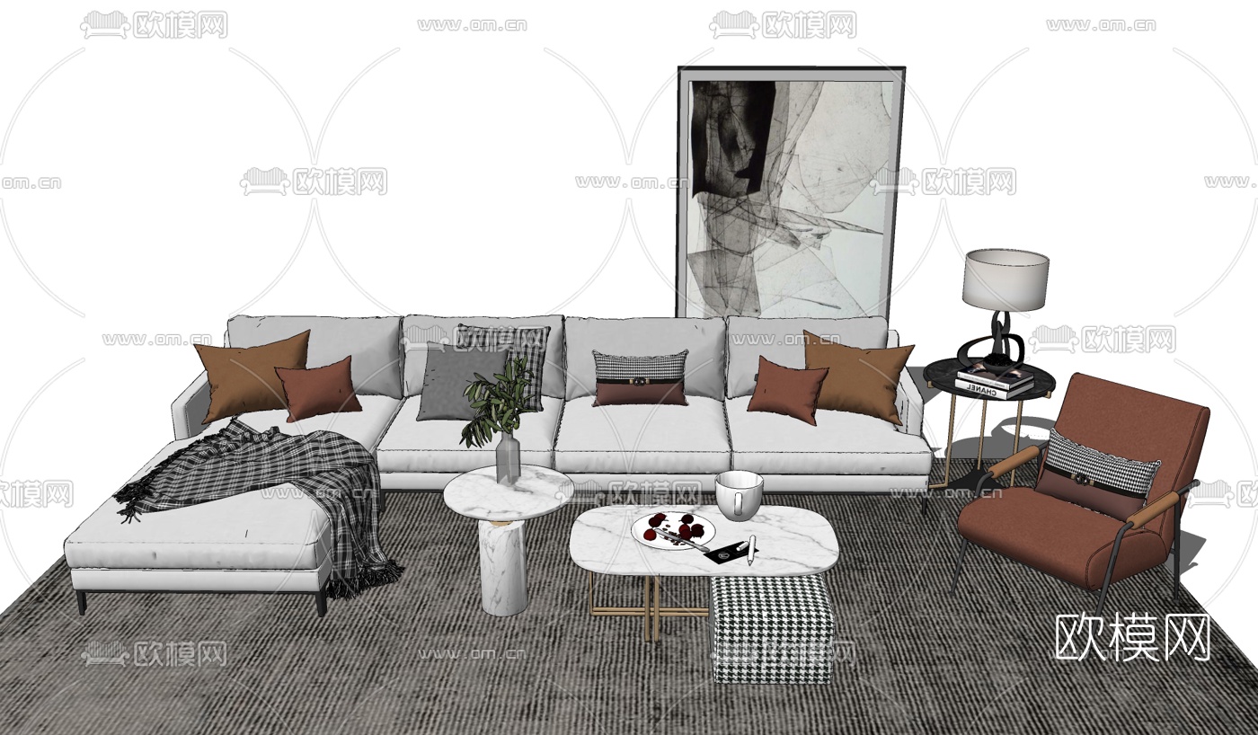 现代布艺多人沙发su模型下载
