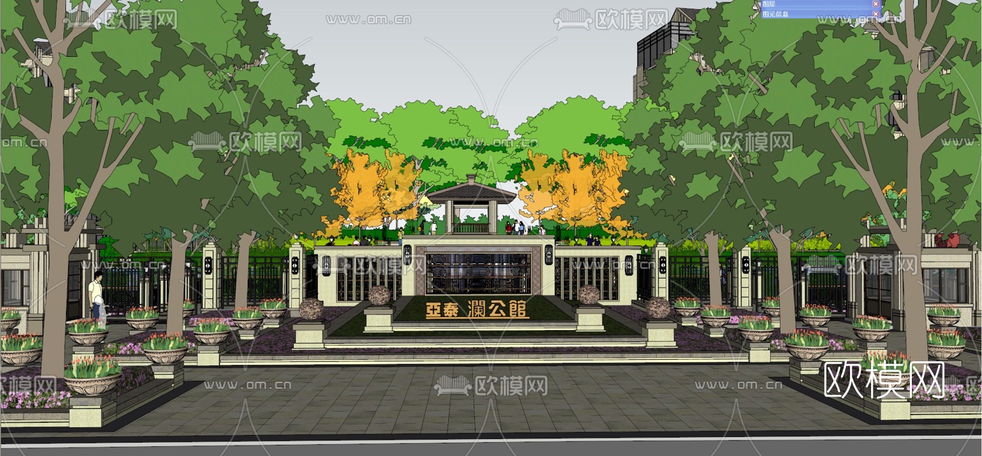 新古典小区景观su模型下载（渲染图1）