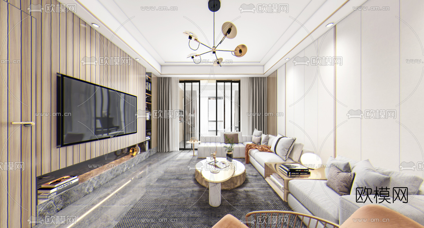 现代轻奢客厅餐厅vr全景3d模型