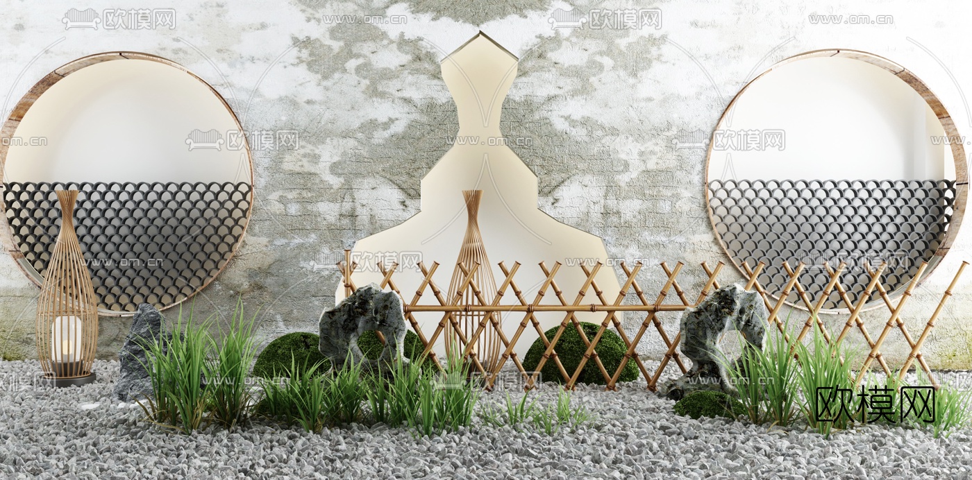 新中式院墙篱笆景观小品3d模型下载