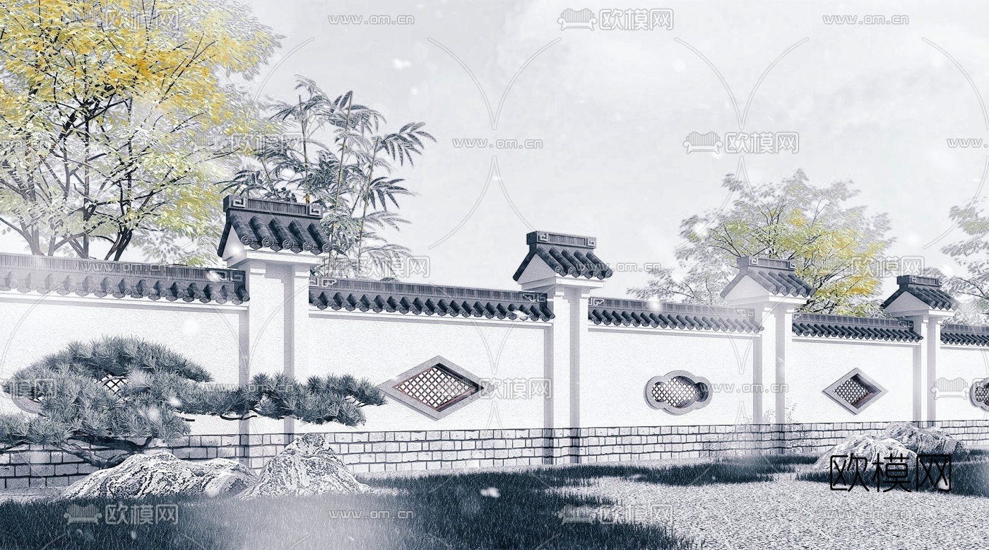 中式古建围墙3d模型下载