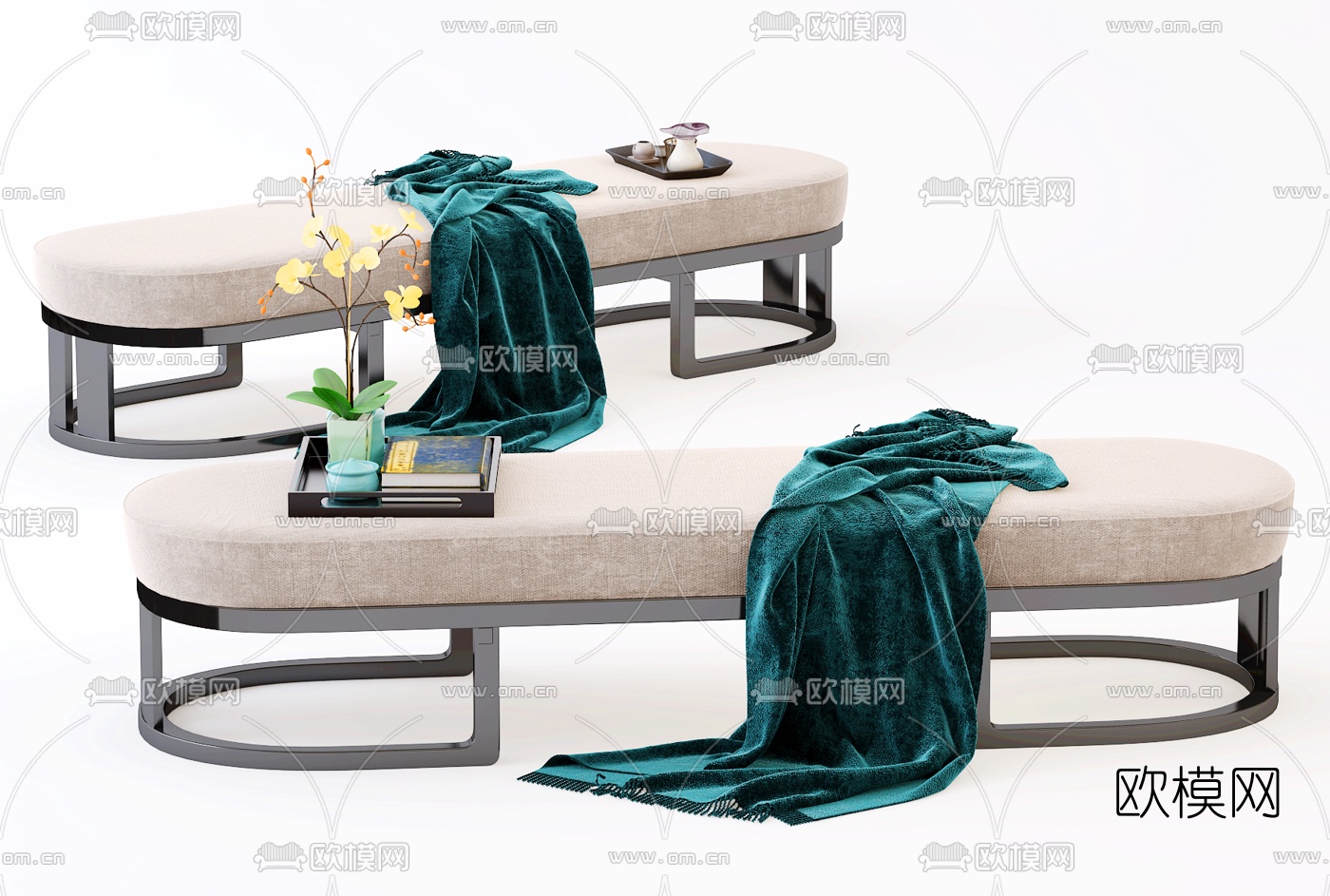 新中式布艺床尾凳脚踏3d模型下载