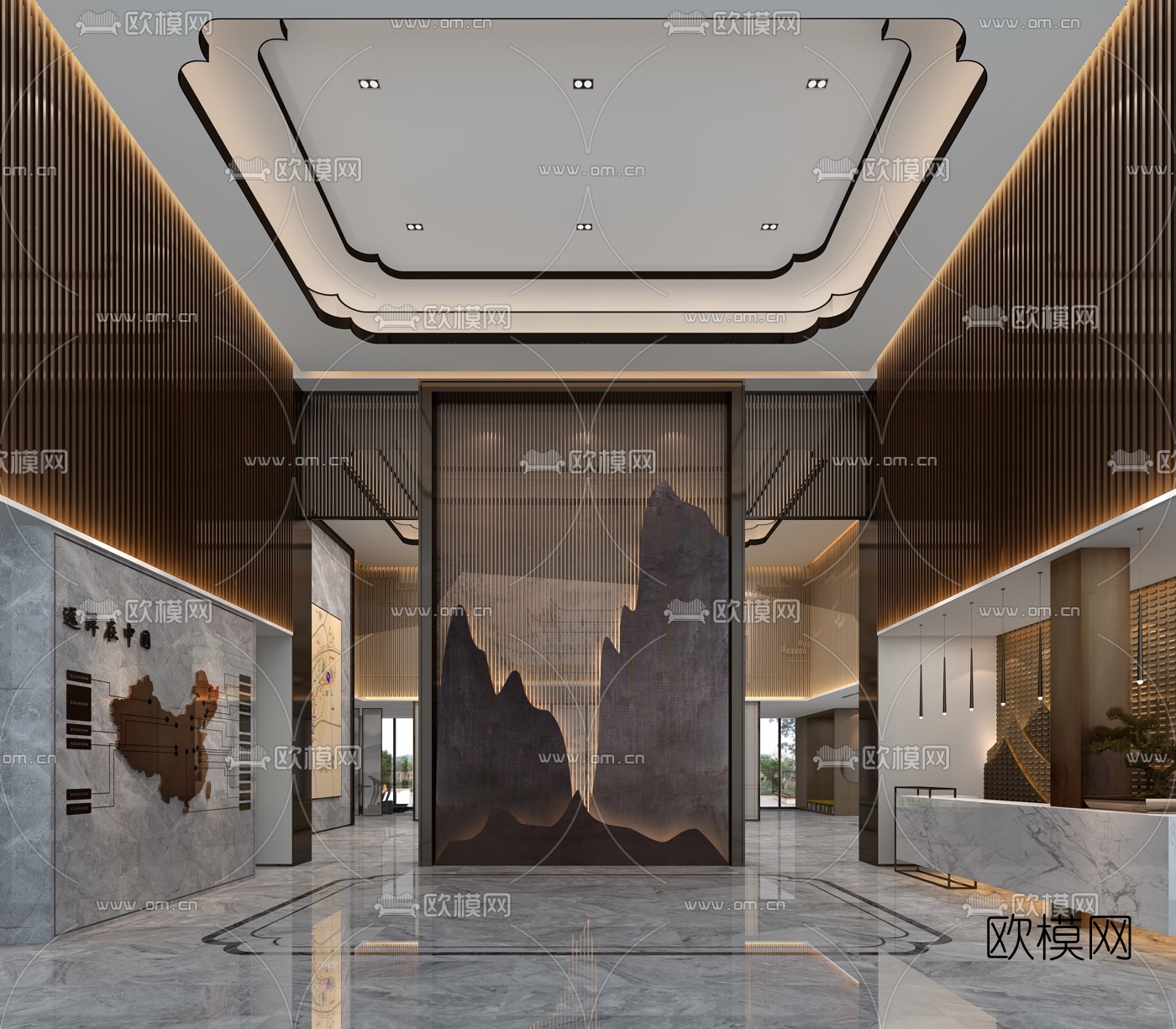 新中式轻奢售楼处大厅3d模型下载（渲染图1）