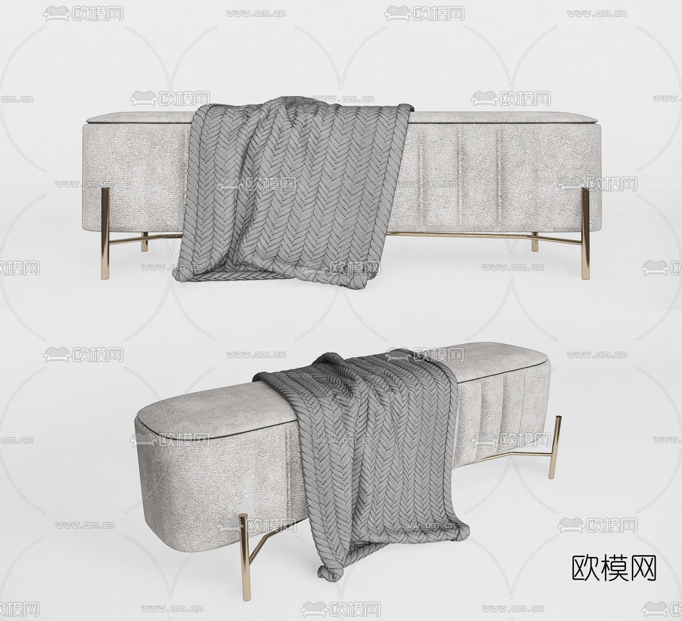 现代布艺床尾凳su模型下载（渲染图1）