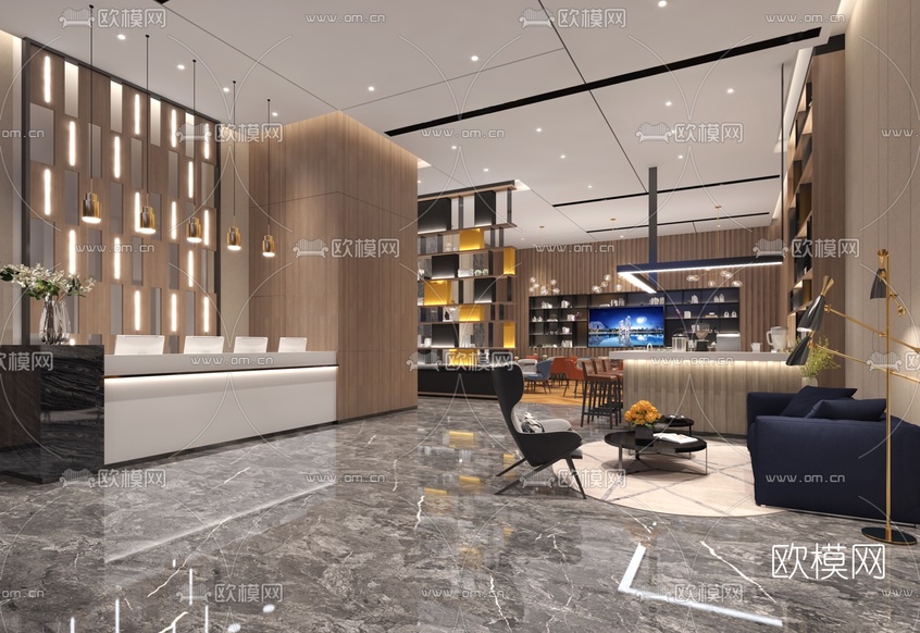 现代酒店大堂接待区3d模型下载(渲染图1)