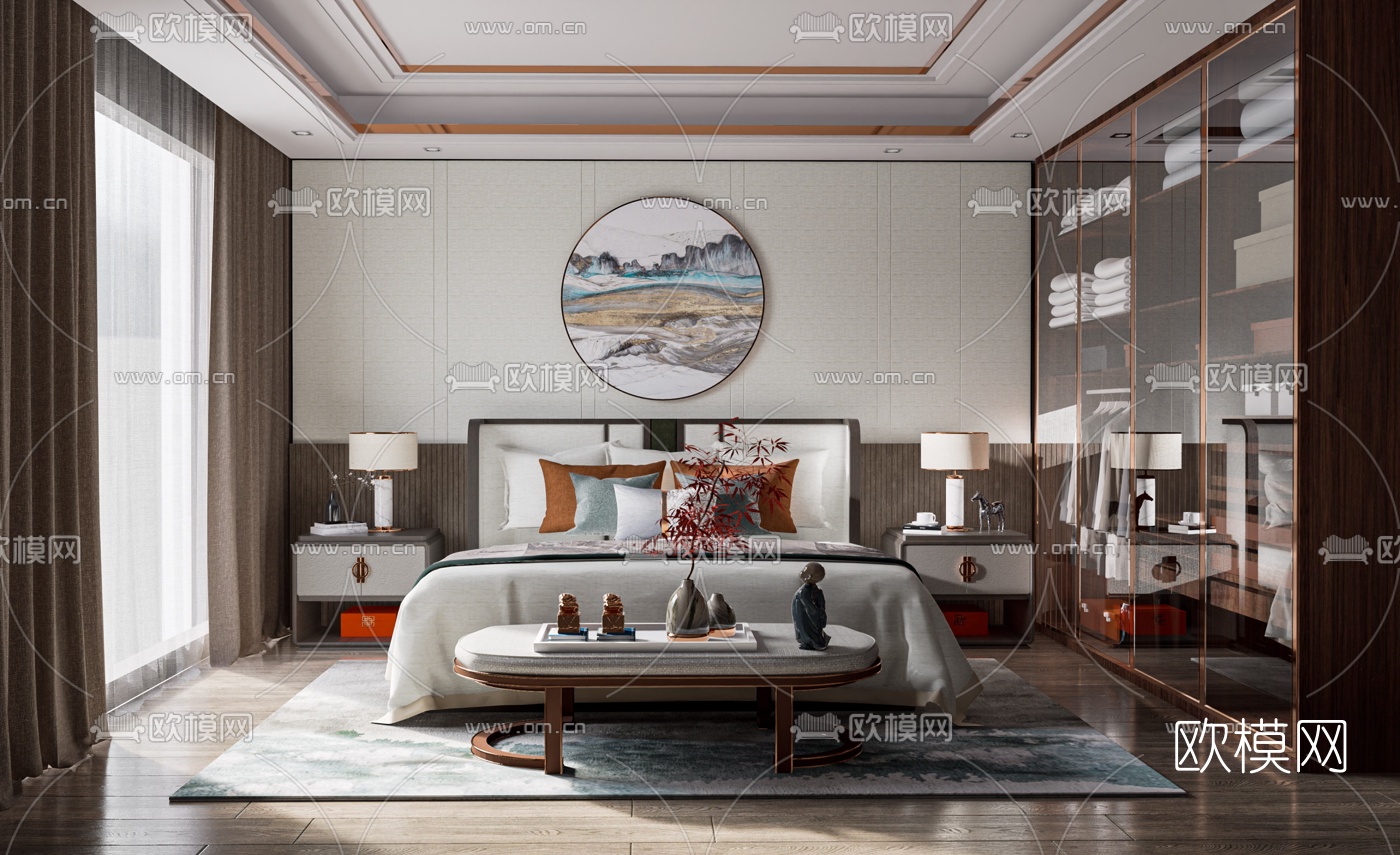 中式卧室su模型下载（渲染图1）