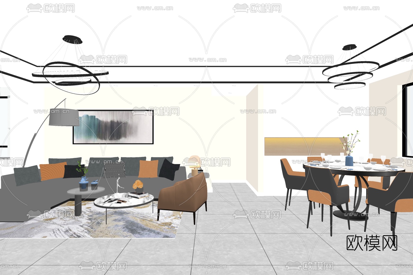 现代布艺组合沙发su模型下载