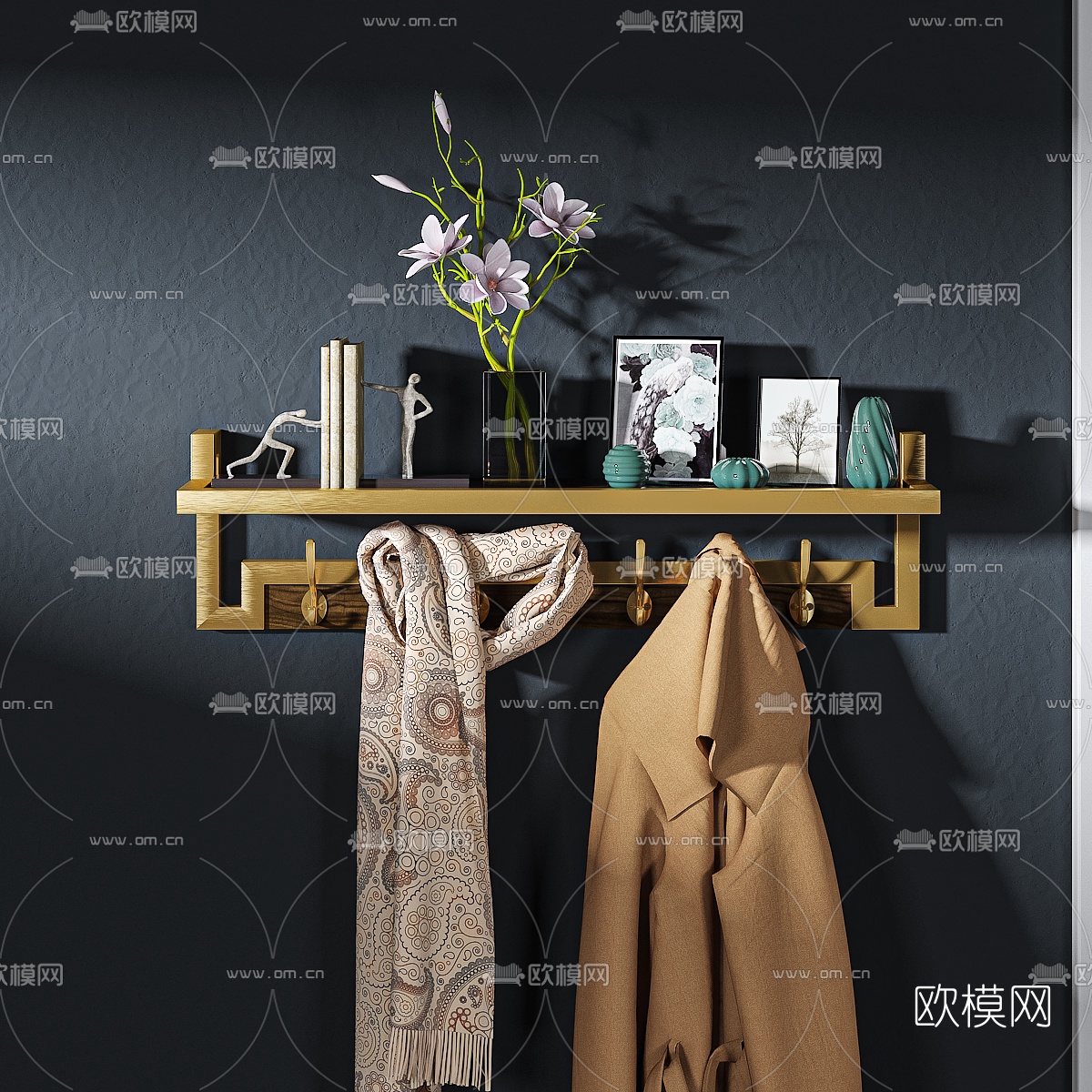 新中式壁挂衣帽架3d模型下载（渲染图1）