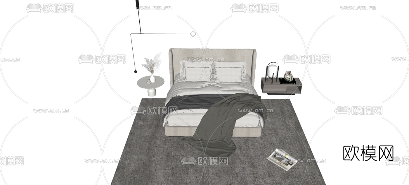 北欧布艺双人床su模型下载（渲染图4）