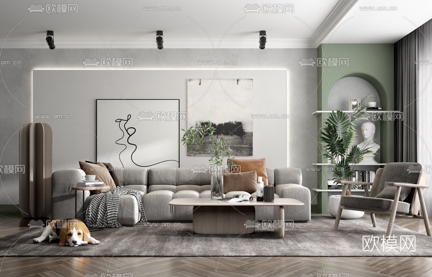 北欧布艺转角沙发组合3d模型下载（渲染图1）