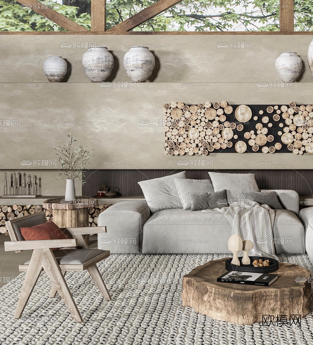 自然风布艺沙发组合3d模型下载（渲染图2）