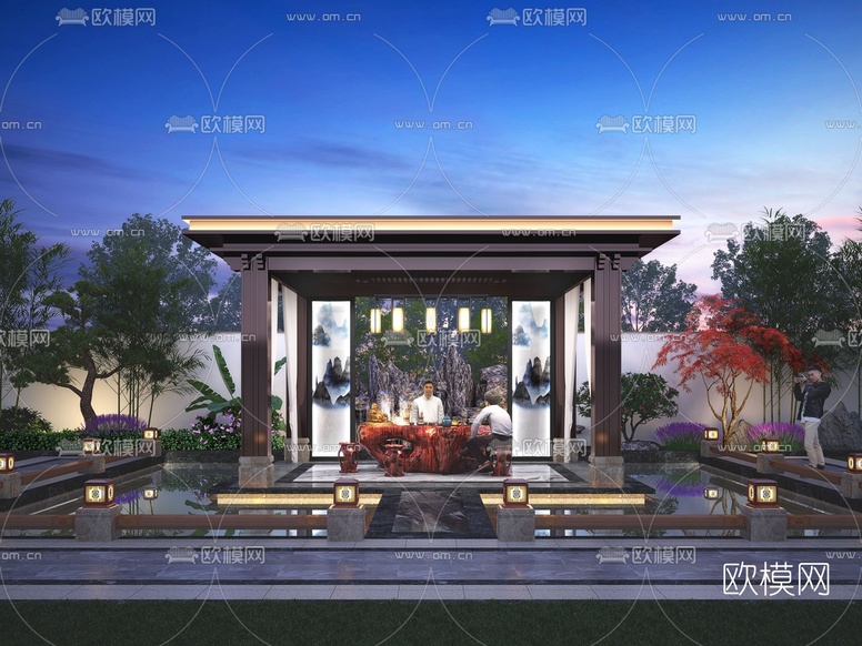 新中式凉亭水景观3d模型下载