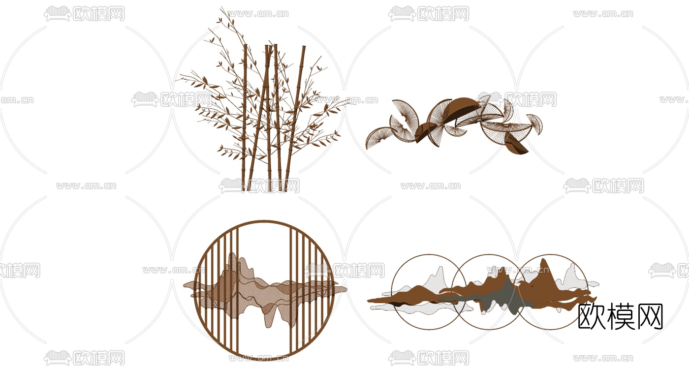 新中式轻奢墙饰su模型下载
