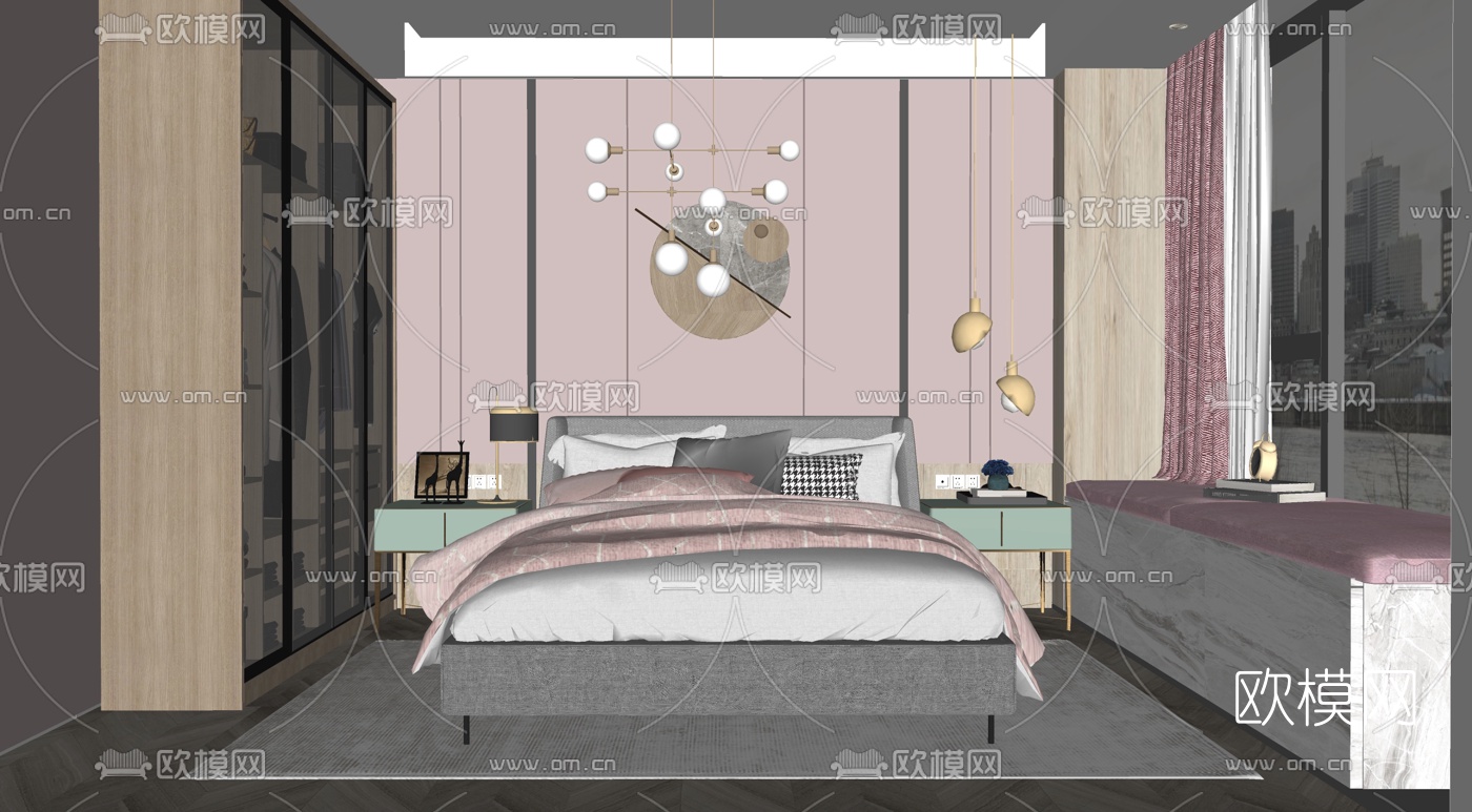 现代布艺双人床su模型下载（渲染图2）