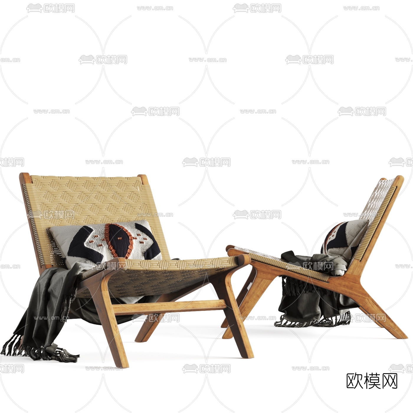 自然风藤编靠背休闲椅3d模型下载（渲染图1）