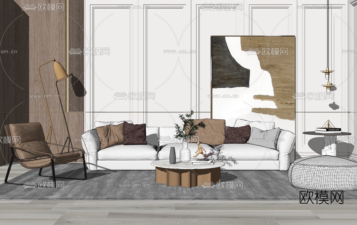 现代布艺沙发组合su模型下载
