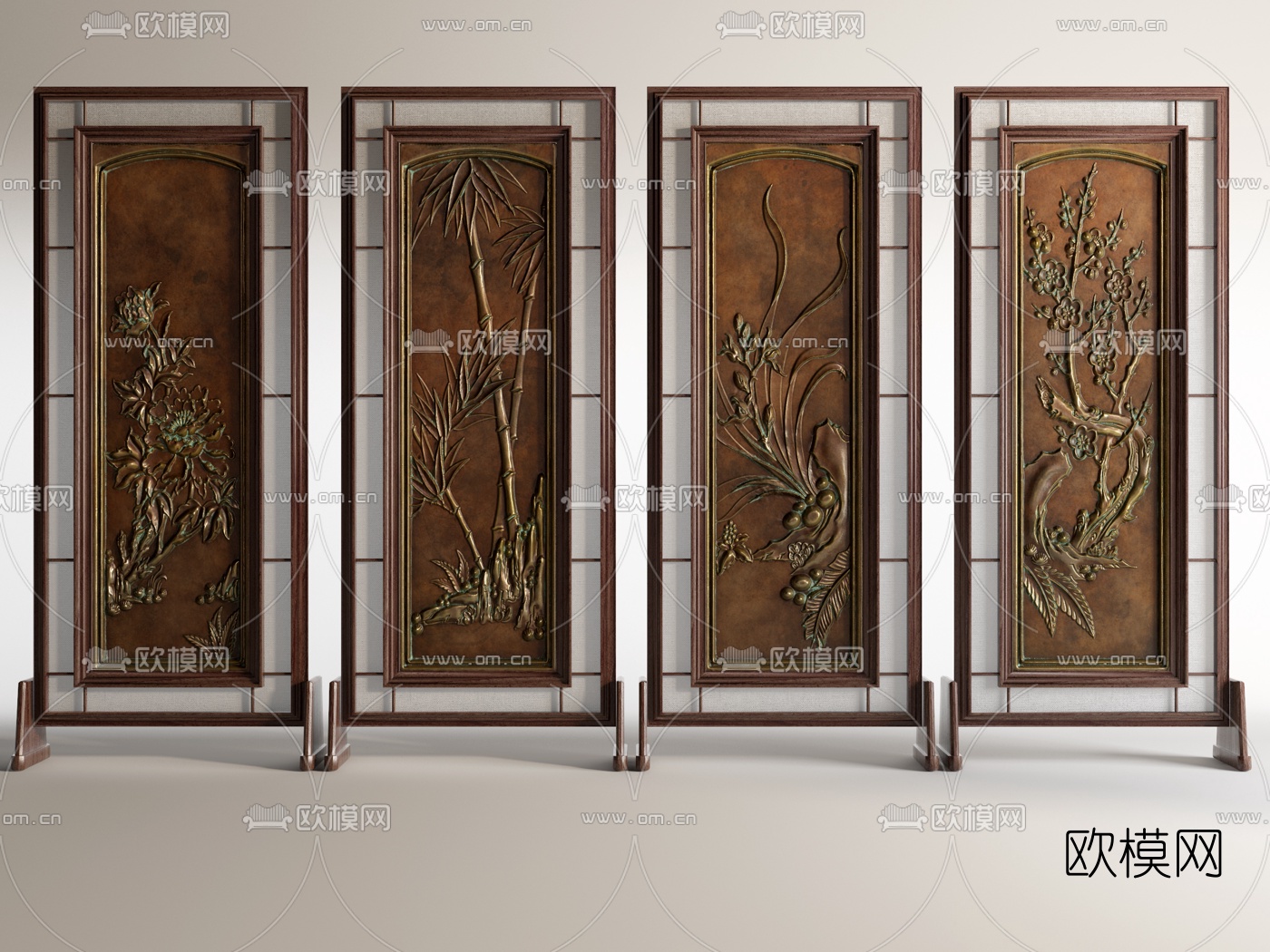 新中式铸铜浮雕屏风隔断3d模型下载