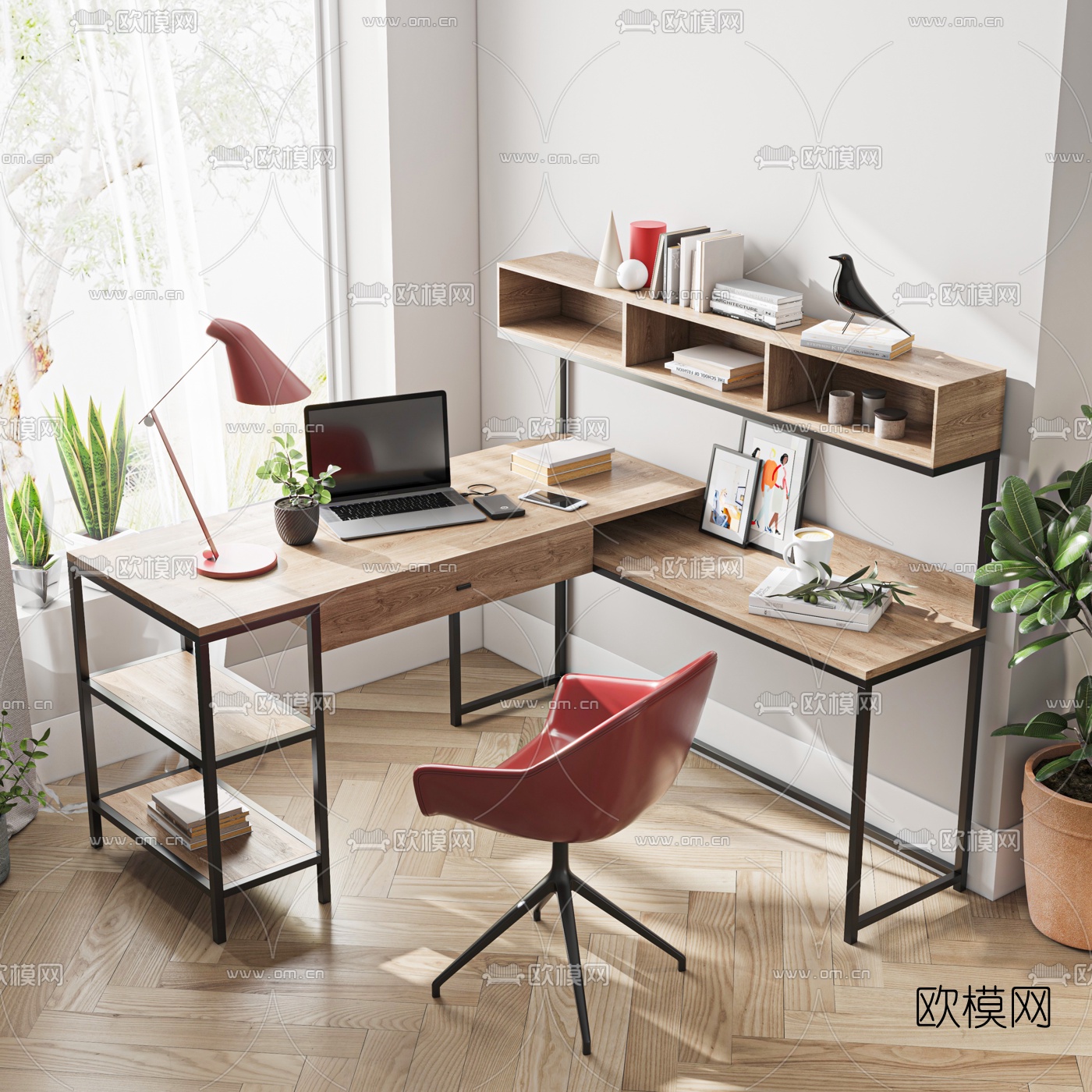 现代原木书桌椅3d模型下载（渲染图1）