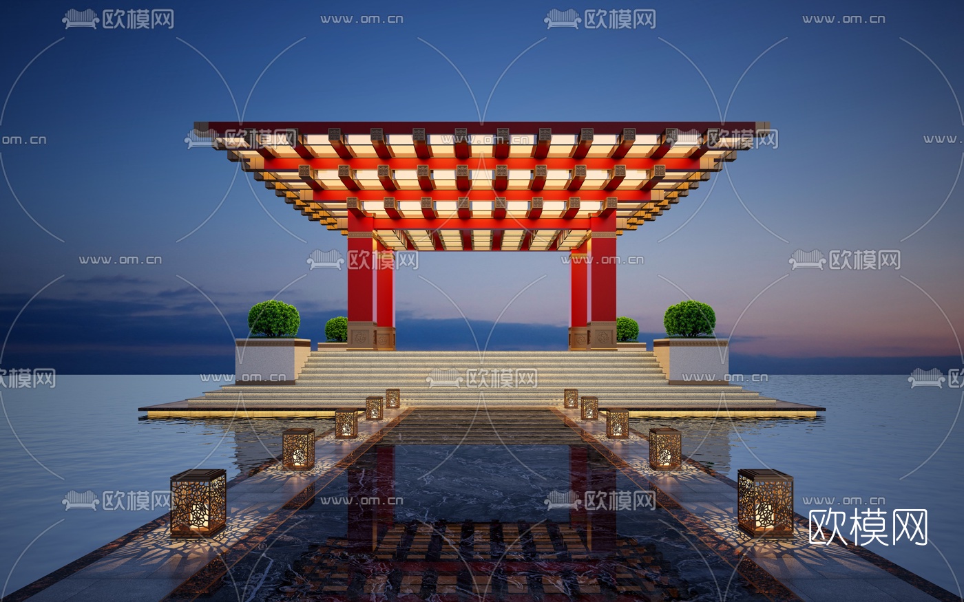 中式景观亭夜景3d模型下载