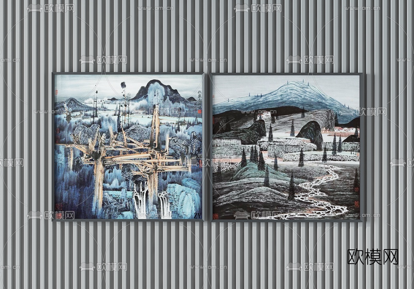 现代抽象山水挂画3d模型