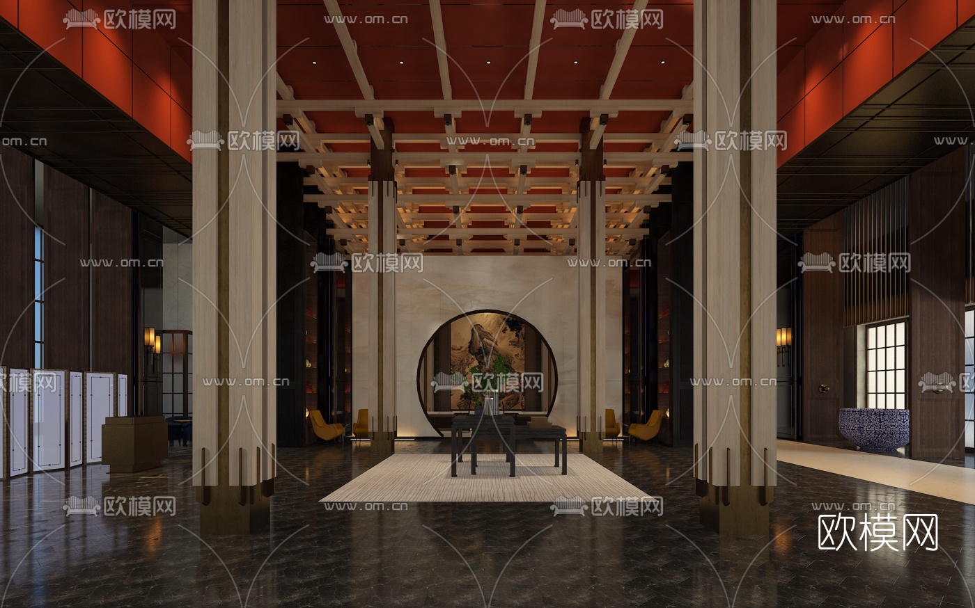 新中式酒店大堂免费3d模型下载