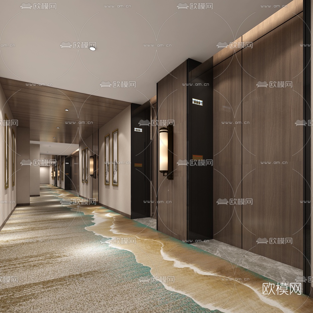 新中式酒店走廊过道免费3d模型下载（渲染图2）