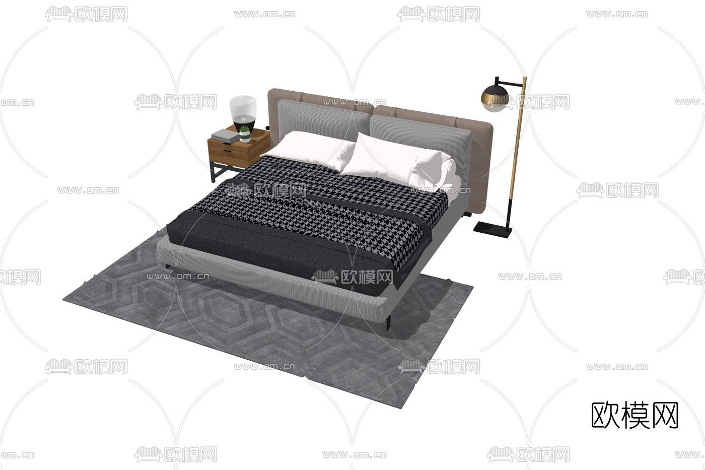 现代布艺双人床su模型下载