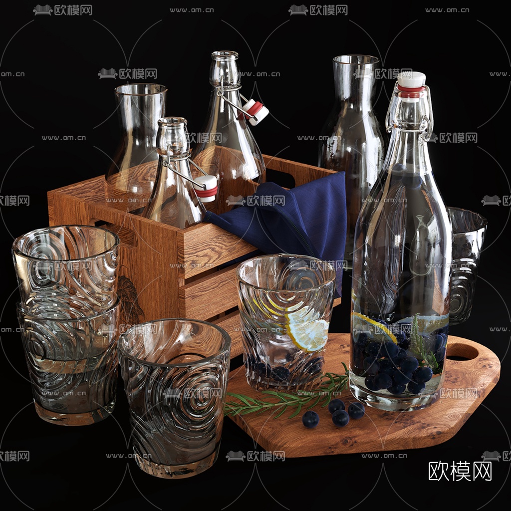 现代酒瓶酒杯3d模型
