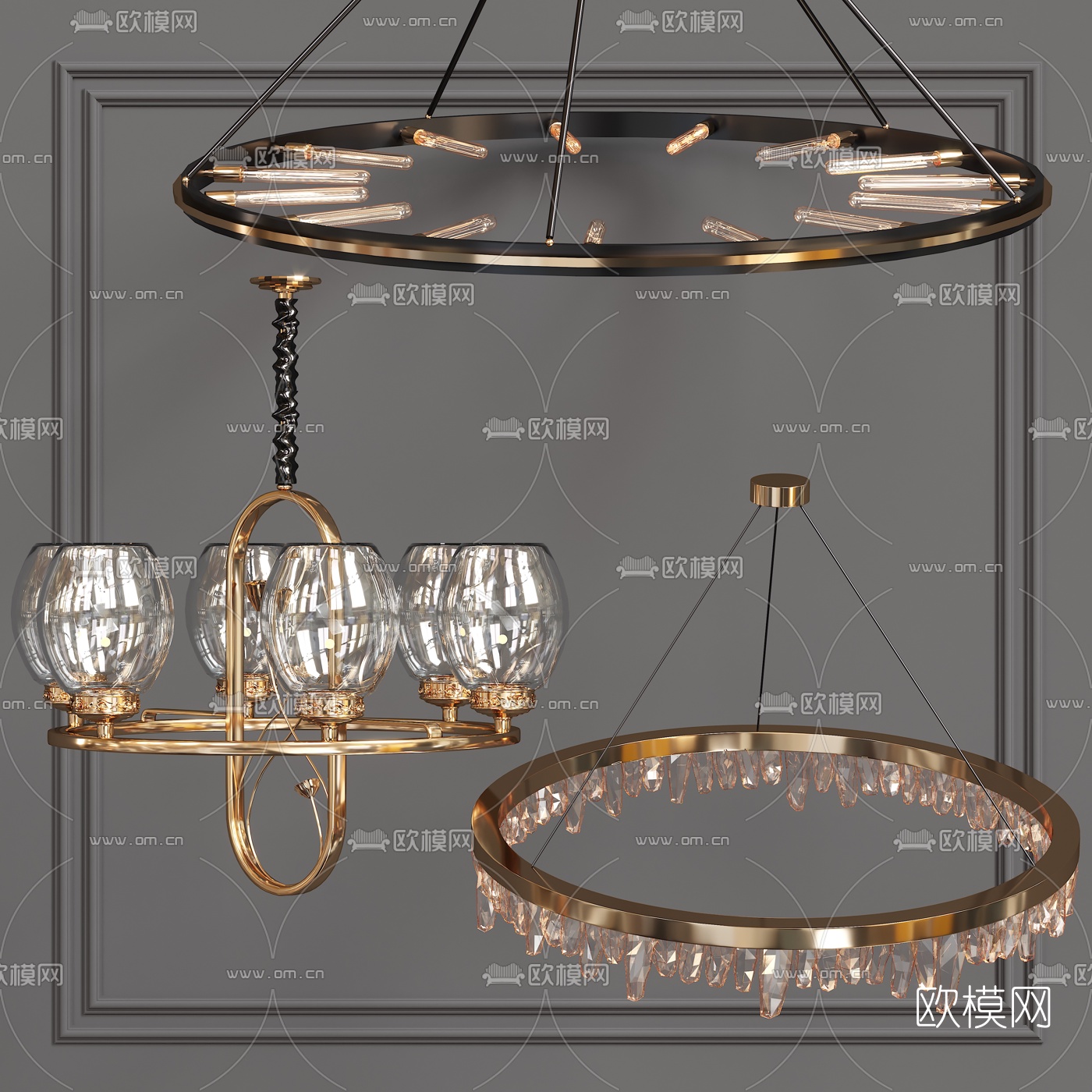 现代金属水晶吊灯组合3d模型下载