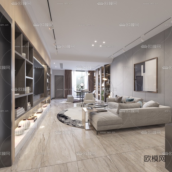 现代轻奢客厅书房3d模型下载(渲染图2)