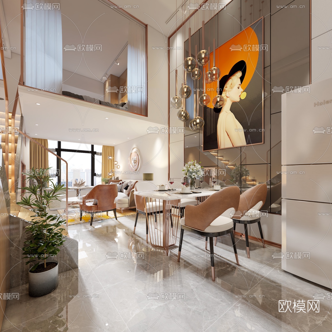 现代轻奢公寓客厅餐厅3d模型
