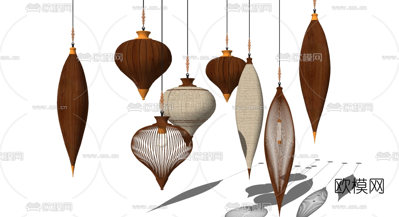 东南亚竹编树皮吊灯su模型下载