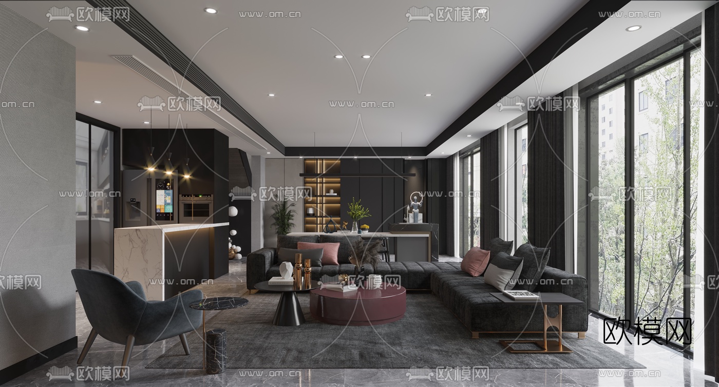 现代轻奢高级灰客厅餐厅3d模型下载（渲染图1）