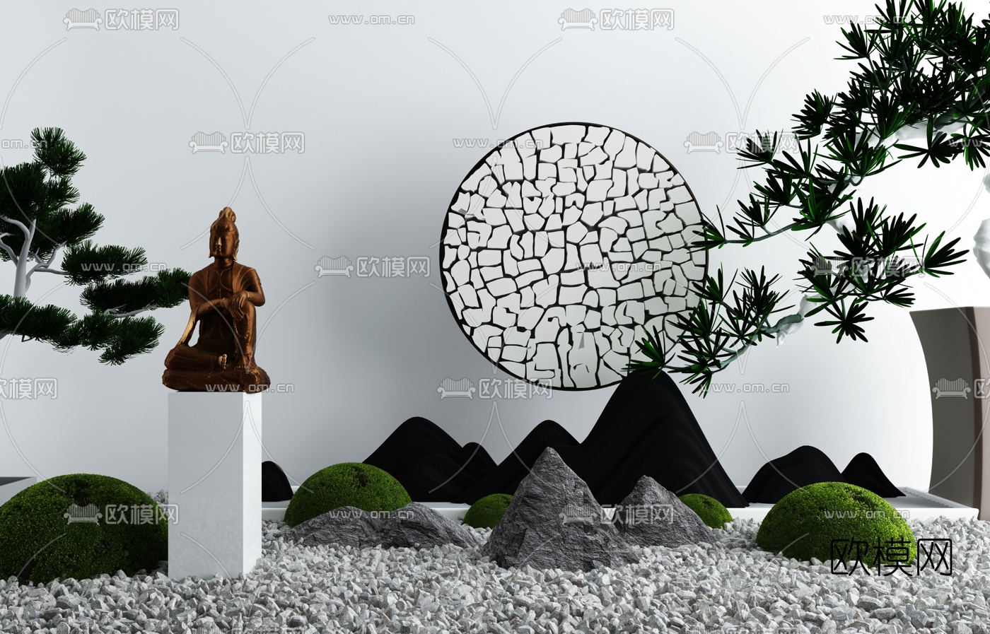 新中式佛像灌木树小品3d模型