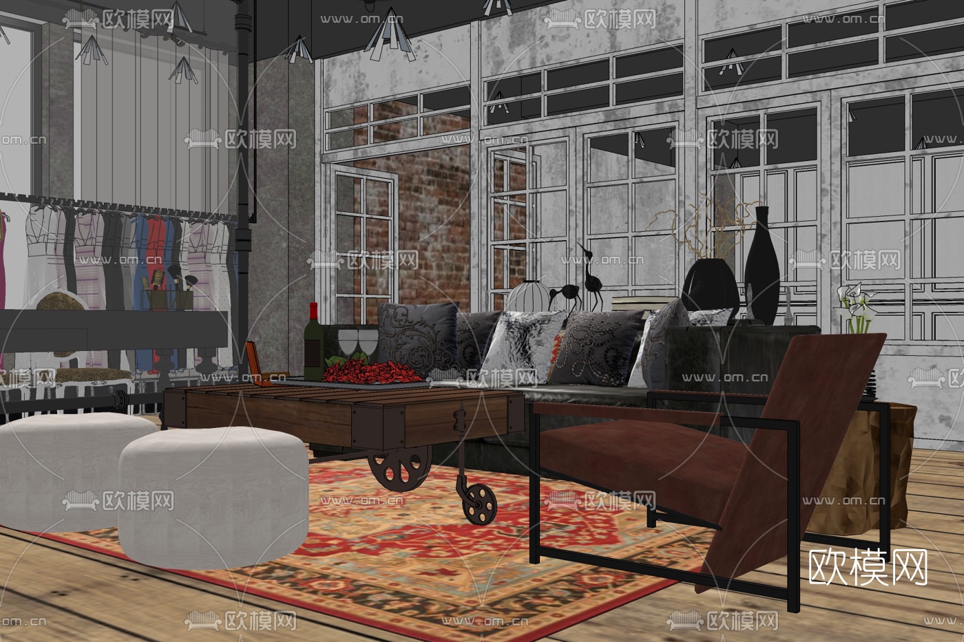 工业风客厅su模型下载
